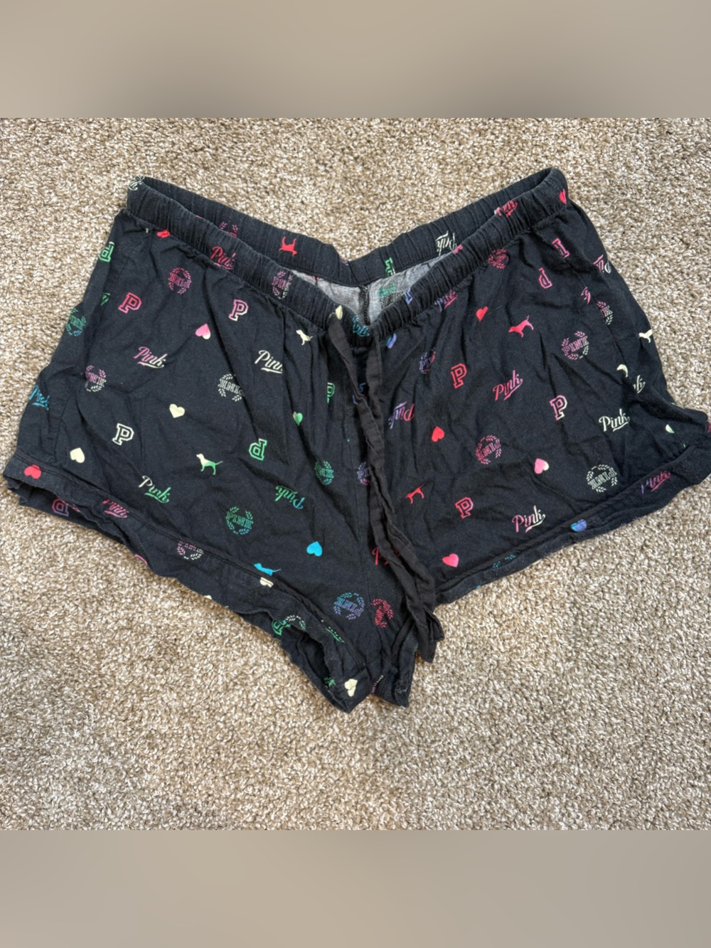 PINK Victoria's Secret Black Pajama Shorts with Multicolor Hearts & Logos